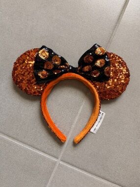 Disney Sequin Halloween Minnie Mouse Ears Headband with Bow - Orange & Black